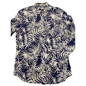 J.Crew  Mens Large Navy White Tropical Palm Leaf Print Button Down Shirt